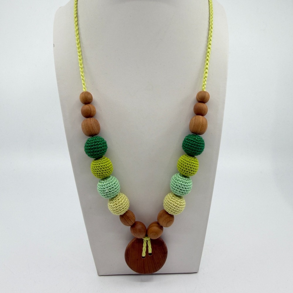 Y2K Ombre Green Crochet Bead & Wood Statement Necklace Artisan Jewelry Gift - Picture 4 of 15
